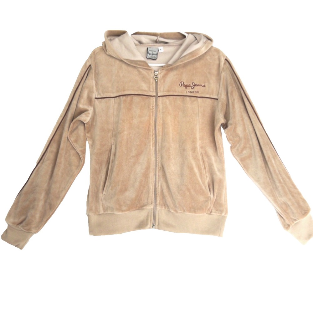 VTG Pepe Jeans London Velour Track Jacket Womens L M Tan Hoodie Full Zip Y2k